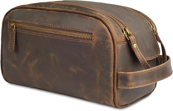 LEATHER VILLAGE Genuine Leather Toiletry Travel Pouch With Waterproof Lining - Brown | King-Size Handcrafted Vintage Dopp Kit Bag, Shaving & Bathroom Organizer, Gift for Men & Women