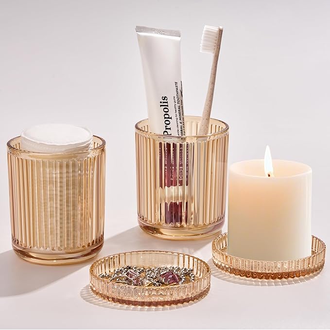 Bathroom Organizers and Storage,2 Pack Glass Qtip Holder Dispenser,Bathroom Essentials Accessories Decor,Vanity Makeup Storage Organizer for Cotton Swabs,Cotton Balls,Pads,Floss Picks (Amber)