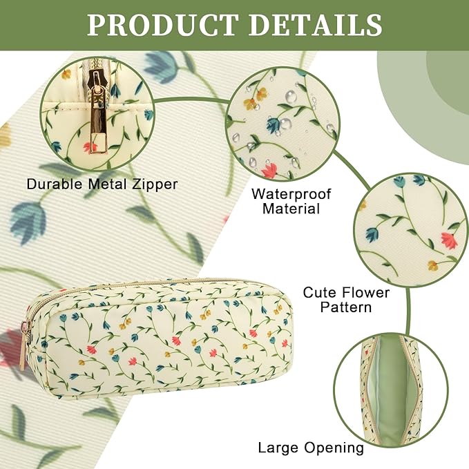 Nylon Floral Small Makeup Bag Slim Pouch, Cute Preppy Makeup Brush Bag Portable Make up Pouch with Zipper, Waterproof Travel Toiletry Bag Coin Purse Storage Organizer for Women Girls(Vine Flower)