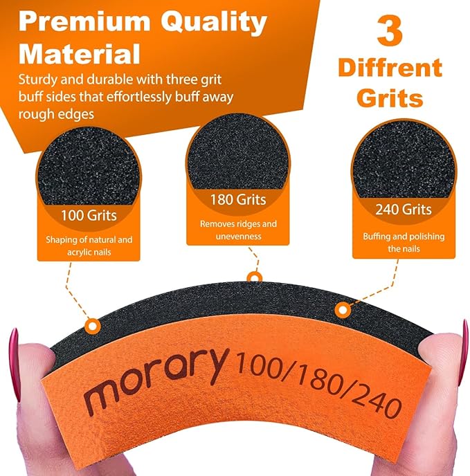 Morary 12-Pack Nail Buffer Block for Natural Nails 100/180/240 Grit 3 Sided (Orange Black)