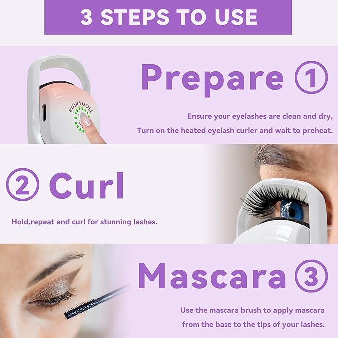 Electric Heated Eyelash Curler Kit Hot Lash Therapy Professional Eyelash Tools Battery Powered Lash Lifter Rechargeable Clamp for Various Eye Types Plastic Material (Colour Purple)