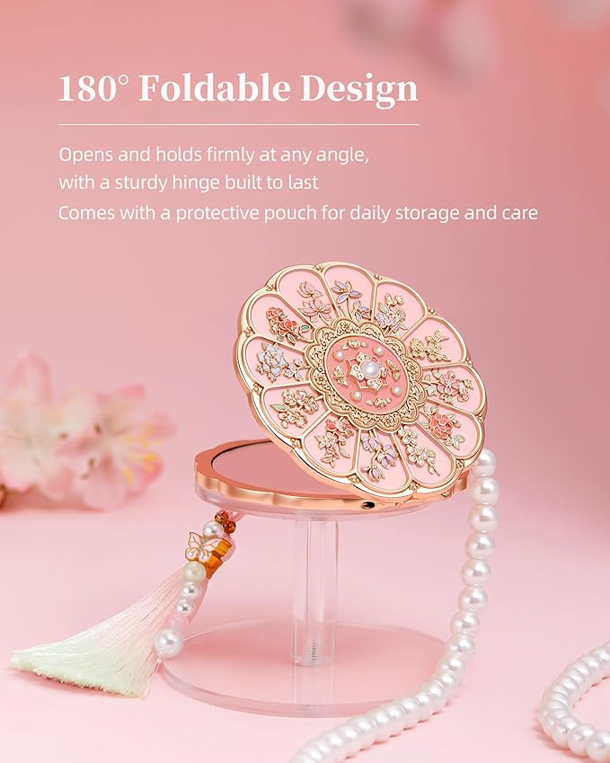 Twelve Flower Goddesses Compact Mirror, Mini Makeup Mirror with Small 2X Magnifying, Portable Double Sided Pocket Mirror for Purse, Pink Gifts for Women Girls
