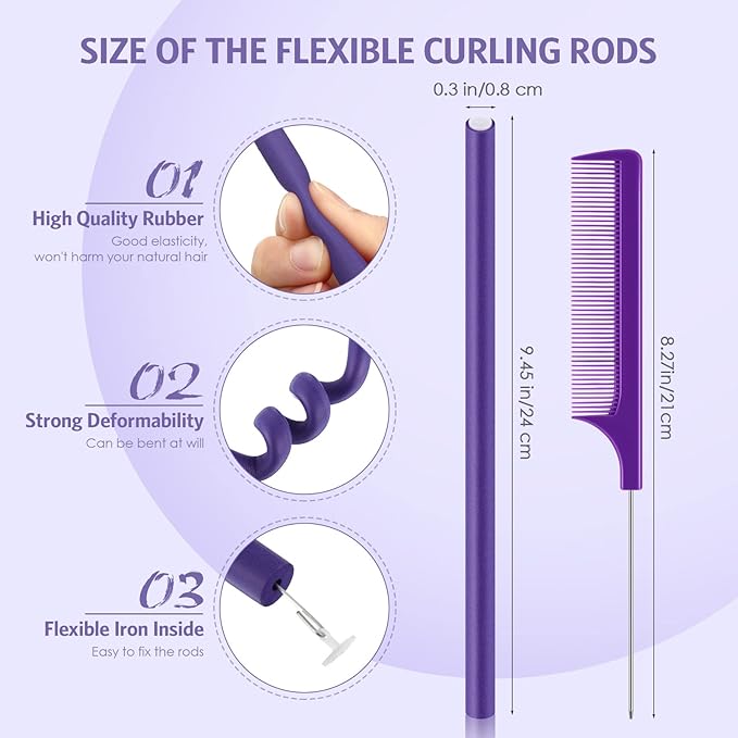 Tigeen 96 Flexible 9.45 Inch Soft Twist Foam Hair Rollers, No Heat Hair Styling with 2 Rat Tail Combs (0.3 In, Purple)