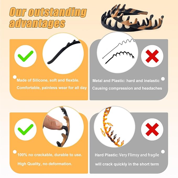 Silicone Headbands for Women Non Slip Comb Headband with Teeth Non-Crackable Hair bands for Women's Hair Fashion Accessories (Black&Khaki 2PC, 1 Count (Pack of 2))