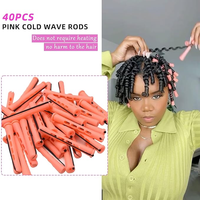 40 Pieces Hair Perm Rods For Long Short Hair Plastic Pink Perm Rods For Black Women Non-slip Hair Roller with Elastic Rubber Hairdressing Styling