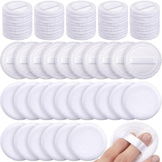 100 Pcs Cotton Powder Puffs Washable Bulk 2.36 Inch White Round Cosmetic Face Makeup Soft Puffs with Ribbon for Loose and Pressed Powder Body Cosmetic