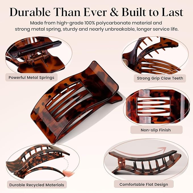 4 PCS Flat Hair Clips for Women Girls, French Square Lay Down Claw Clips for Thick Thin Hair, Comfortable Curved Large Flat Clip, Leopard Print Stylish Strong Hold Hair Accessories, Tortoise
