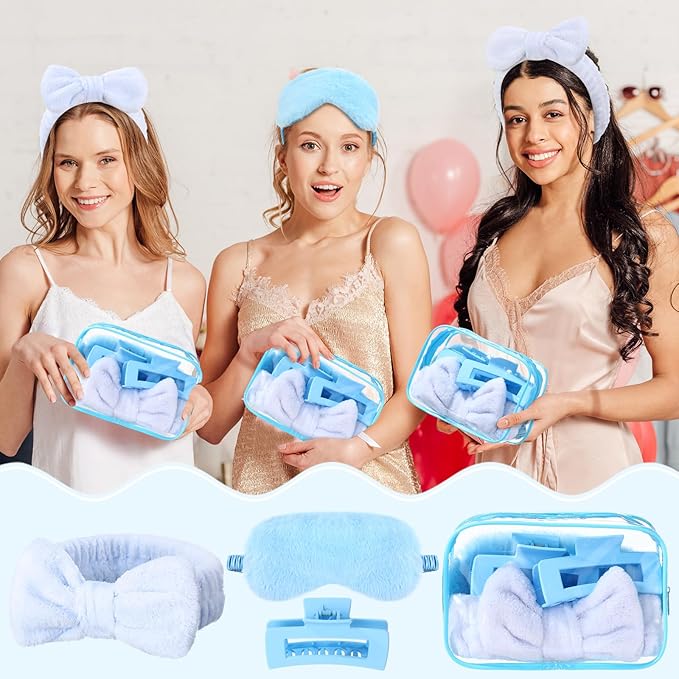 Hoteam 24 Pcs Galentine Spa Party Favors Supplies 6 Spa Headband 6 Plush Sleep Eye Mask 6 Hair Claw Clips 6 Clear Cosmetic Bags for Adult Sleepover Slumber Party Valentine Gift(Blue)