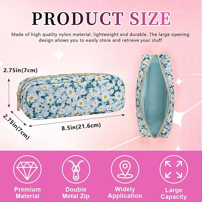 Nylon Floral Small Makeup Bag Slim Pouch, Cute Preppy Makeup Brush Bag Portable Make up Pouch with Zipper, Waterproof Travel Toiletry Bag Coin Purse Storage Organizer for Women Girls(Green Daisy)