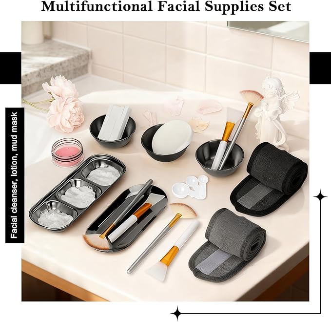 28 Black Facial Supplies 3 Facial Mask Mixing Bowls 3 Facial Fan Brushes 3 Mask Applicator Brushes 3 Mask Measuring Spoons Skincare Tray 3-Compartment Serving Tray 12 Facial Sponges 2 Spa Headbands