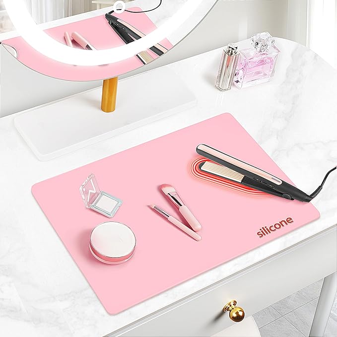 Silicone Makeup Mat for Vanity, 15.7" x 11.8" Heat Resistant Vanity Mat, Easy to Clean & Waterproof, Portable Makeup Accessories for Use While Traveling (Pink)