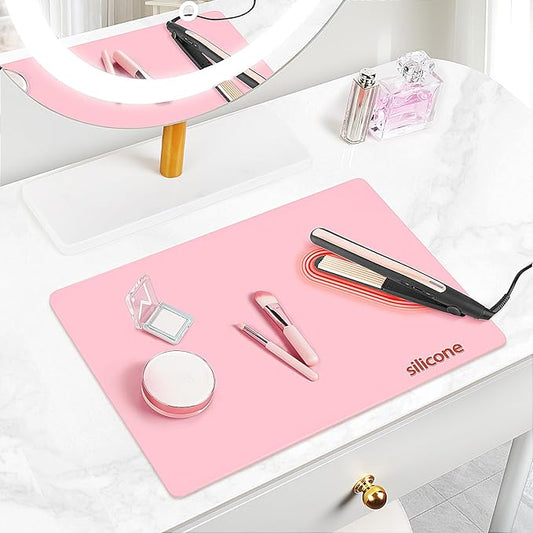 Silicone Makeup Mat for Vanity, 15.7" x 11.8" Heat Resistant Vanity Mat, Easy to Clean & Waterproof, Portable Makeup Accessories for Use While Traveling (Pink)