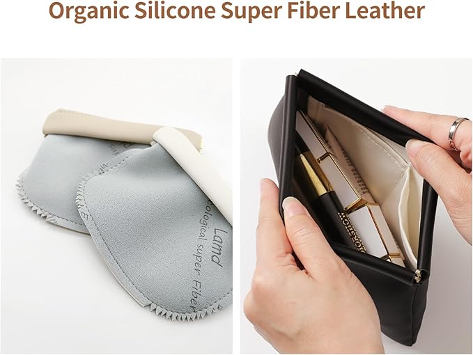 2 Pack Small Makeup Bag for Women, New Organosilicon Super Fiber Leather Mini Cosmetic Bag for Travel, Coin Purse Organizer Storage Pouch (Black)