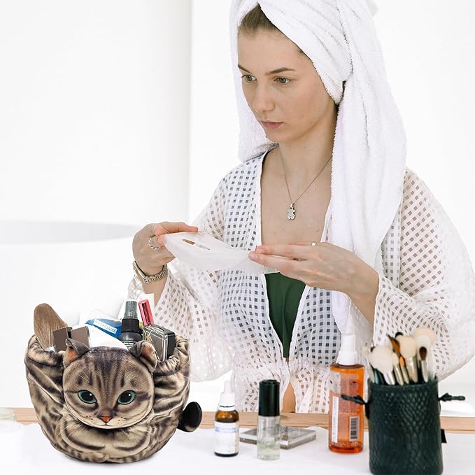 Openhaha Drawstring Travel Makeup Organizer, Cosmetic Pouch Bag, Cat Gift for Women, Lay Flat Makeup Bag Gifts for Cat Lovers (2-Pack)