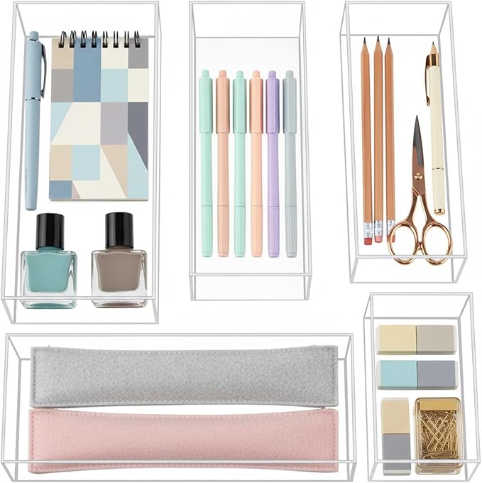 Set of 5 Acrylic Desk Bathroom Organizer, Makeup Drawer Organizer Trays, Storage Bins for Stationery, Makeup, Jewelry, Gadgets for Kitchen, Office, Bedroom, Bathroom Gifts