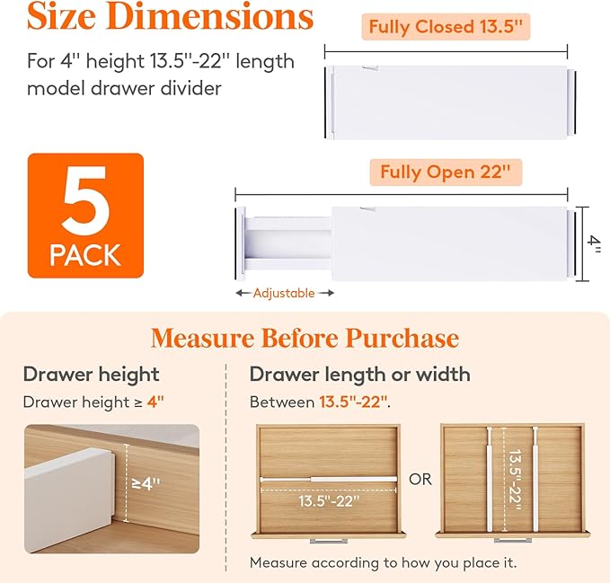 Lifewit 5 Pack Drawer Dividers Plastic 4" High, 13.5-22" Adjustable Drawer Organizers for Clothes, Expandable Dresser Separators in Bedroom/Bathroom/Kitchen/Fridge/Office Organization and Storage