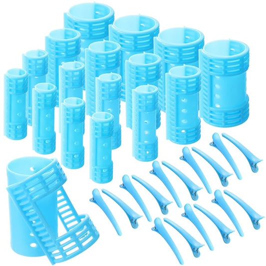WILLBOND 65 Pieces Magnetic Hair Rollers Set Plastic Rollers Curlers with Clips 4 Sizes for Long Medium Short Hair, Duck Clips Hairnet Hairdressing Styling Tool(Blue)
