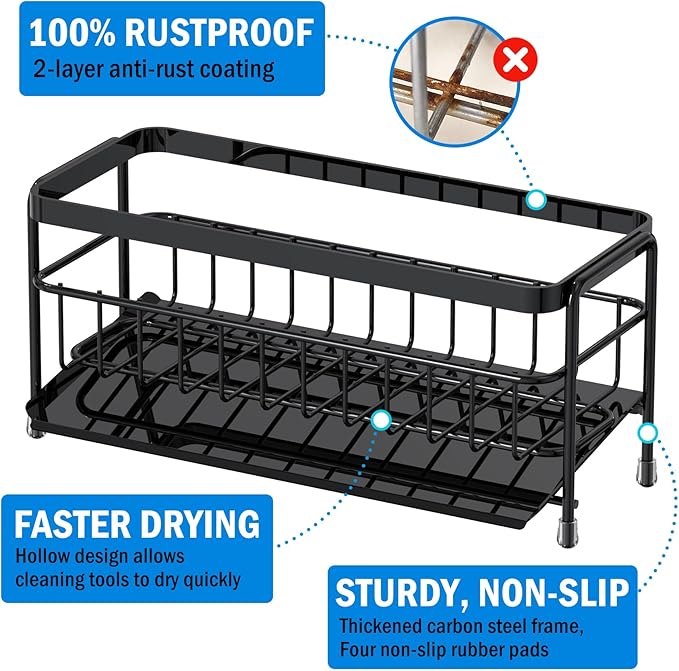 Trendy Quick-Dry Sink Caddy, Sponge Holder for Kitchen Sink with Self-Draining Metal Tray, Storage Organizer Rack for Sponge/Dish Soap/Gadgets, 2-Layer Rustproof Brush Holder for countertop - Black