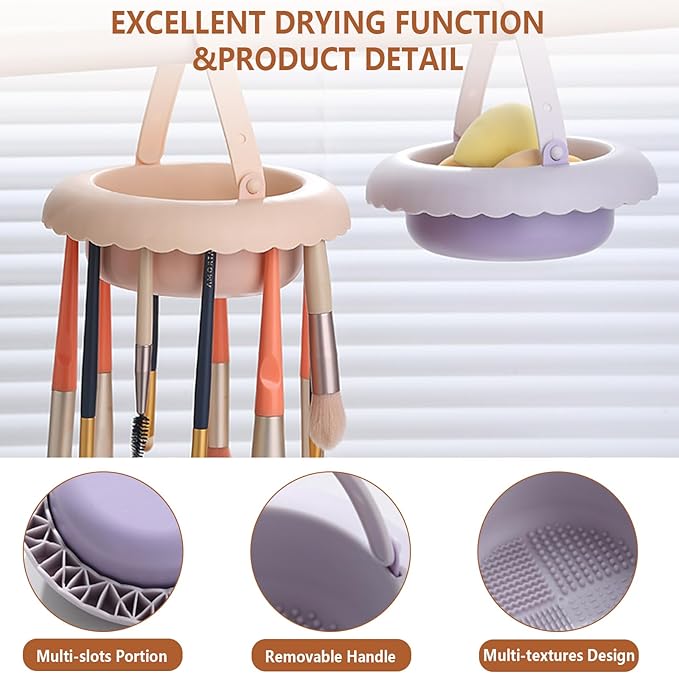 3-in-1 Makeup Brush Cleaner Mat, Silicone Brush Cleaning Bowl, Cleaning Tool & Storage Organizer for Brushes and Air Drying (Purple)