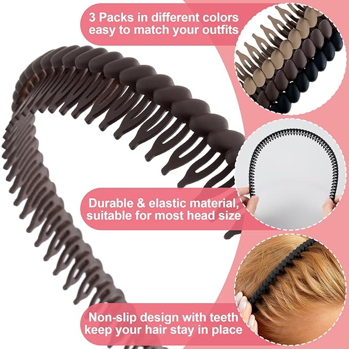 3 Pcs Headband with Teeth, Comfortable Headbands for Women with Teeth, Fashion Comb Headband, Plastic Head Bands for Women's Hair Non Slip (4.3''×0.7'', Black, Coffee, Khaki)