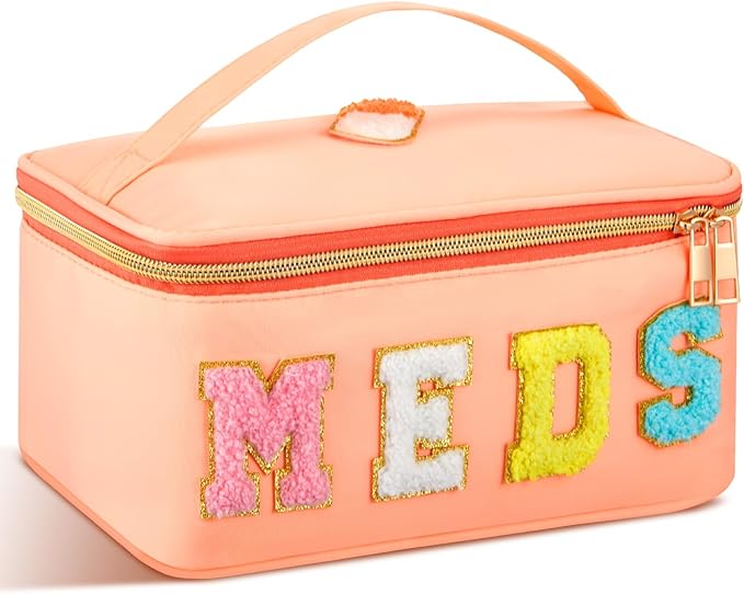 Geetery Clear Makeup Bag Chenille Letter Meds Bag Travel Cases Preppy Patch with Zipper, Portable Cosmetic Toiletry Storage case for Women(Meds,Orange)