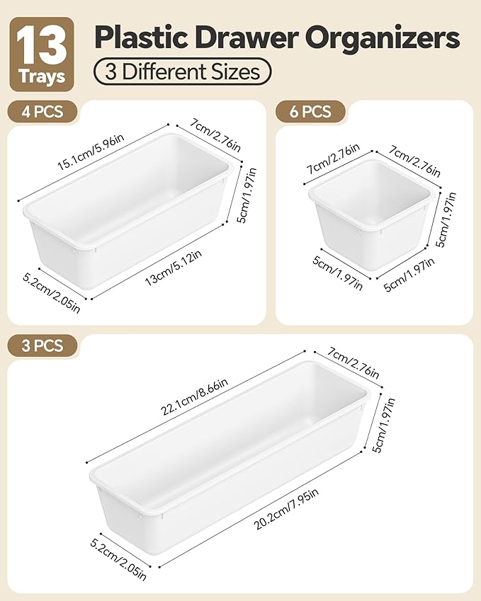 13 Pack Plastic Drawer Organizers Set, 3 Sizes Desk Drawer Organizer Trays for Vanity and Makeup Organizer, Organization and Storage for Makeup, Kitchen Utensils, Bathroom and Office(White)