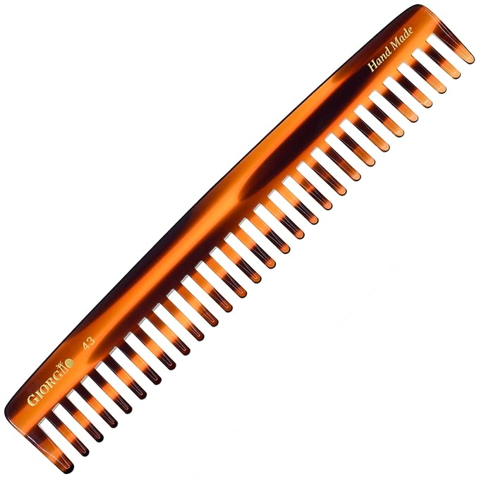 Giorgio G43 Large 7.25 Inch Detangling Comb, Wide Teeth for Thick Curly Wavy Hair. Long Hair Detangler Comb For Wet and Dry. Handmade of Quality Cellulose, Saw-Cut, Hand Polished, Tortoise Shell