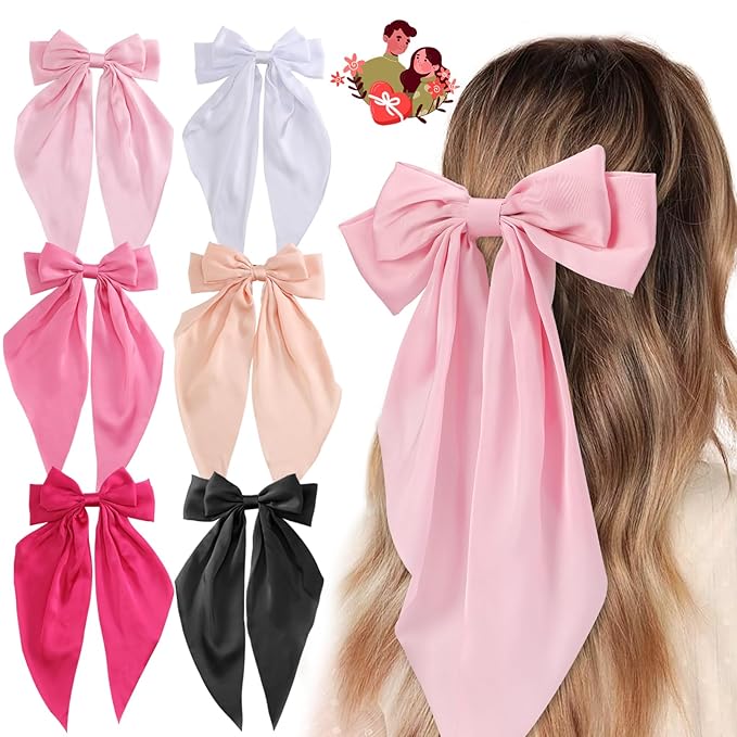 Hair Bows for Women, 6 PCS Silky Satin Hair Clips, Large Bow Hair Barrettes, Oversized Long Tail, Pink Color, Metal Bow Hair Clips, Aesthetic Hair Accessories