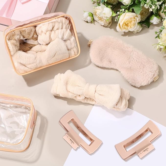Hoteam 24 Pcs Galentine Spa Party Favors Supplies 6 Spa Headband 6 Plush Sleep Eye Mask 6 Hair Claw Clips 6 Clear Cosmetic Bags for Adult Sleepover Slumber Party Valentine Gift(Beige)