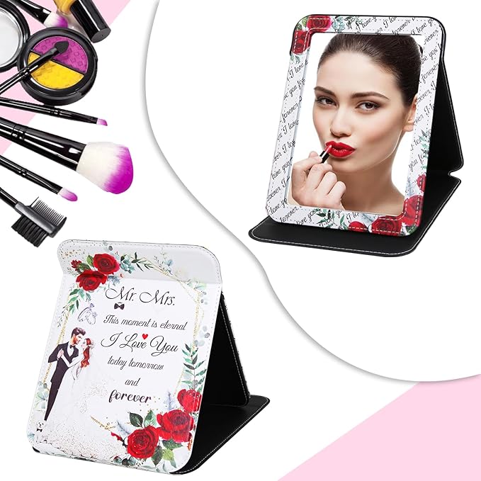 Large Folding Mirror Portable, Travel PU Makeup Adjustable Rectangular Ultrathin Vanity Mirror with Stand Rounded Corners, for Wedding, Travel, Camping, Home 7x9 Inches