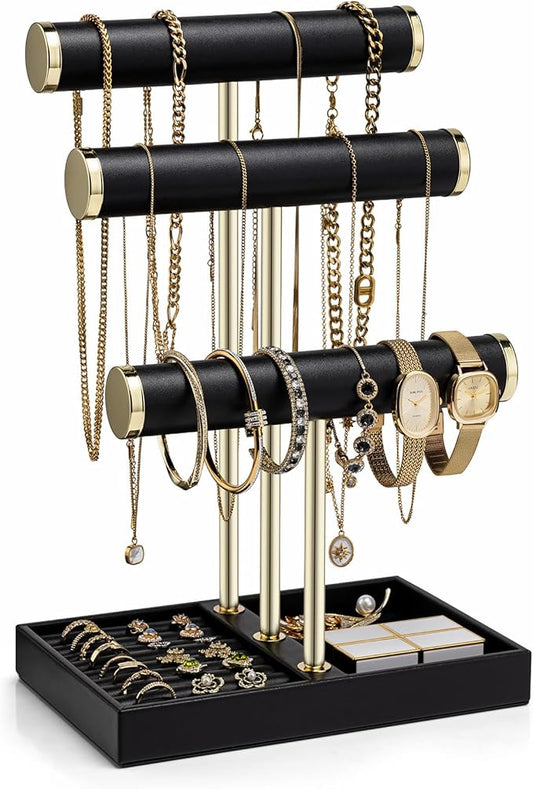 VLANDO 3 Tier Bracelet Holder Organizer with Tray - Leather Jewelry Stand Organizer for Women - Jewelry Holder Display for Necklace, Watches, Rings, Earrings, Bangle, Scrunchie - Black