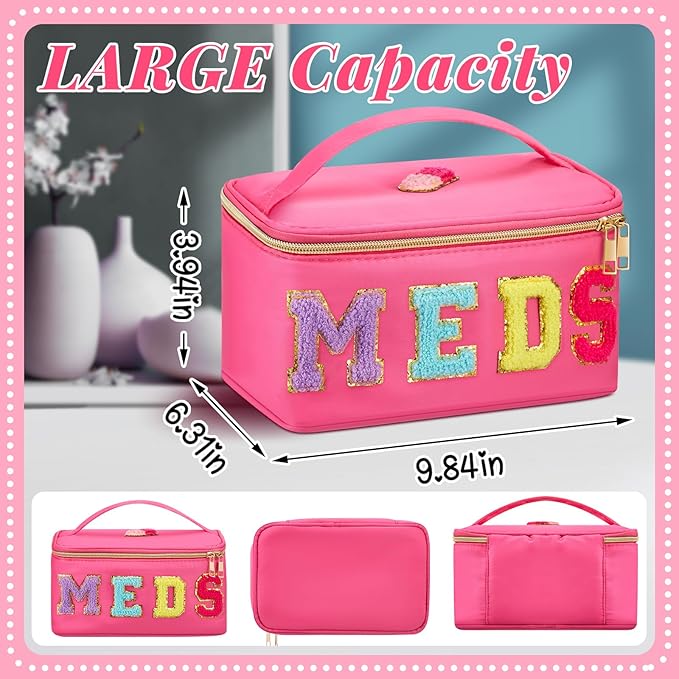 Geetery Clear Makeup Bag Chenille Letter Meds Bag Travel Cases Preppy Patch with Zipper, Portable Cosmetic Toiletry Storage case for Women(Meds,Rose Red)