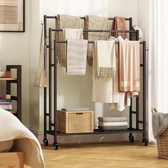 SORCEDAS Towel Rack 3 Tier Free Standing Metal Towel Stand with Storage Shelf and Wheel for Extra Large Towel Blanket Drying (Black)