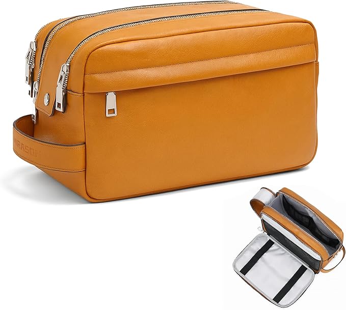 MIRASON Travel Toiletry Bag for Men Leather Travel Bag for Toiletries, Dopp Kit Water-resistant Shower Bag for Shaving Bathroom Organizer Gifts for Men, Brown