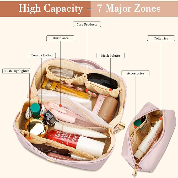 Birthday Gifts for Women Teen Girl, Personalized Initial Makeup Organizer Bag Set, Open Flat Travel Cosmetic Bag With Clear Divider and Handle(Pink,S)