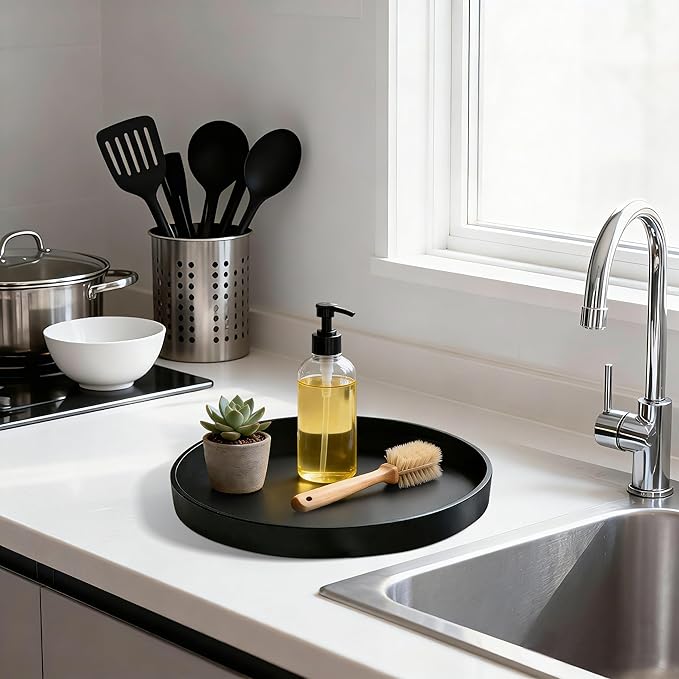 1 Pack 9" Bathroom and Vanity Tray, ABS Bathroom Counter Organizer， Coffee Table Decor for Perfume, Candles, Keys &More. Kitchen Countertop Organizer, Decorative Tray Soap Holder, Black