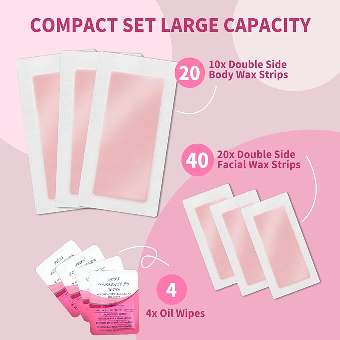60 PCS Wax Strips - 40 Facial & 20 Body Waxing Kit for Women’ s Hair Removal,Wax Strips for Face,Eyebrow,Body, Arms, Legs, Chest, Back, Bikini/Brazilian Waxing Strips & 4Calming Oil Wipes