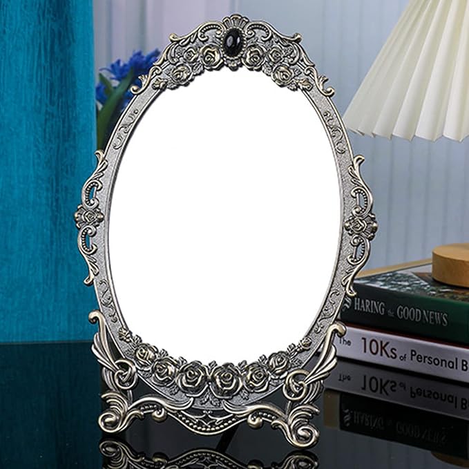 Cyrank Vintage Makeup Mirror, Oval Floral Mirror Decorative Tabletop Makeup Metal Vintage Cosmetic for Home Decorative(Bronze)