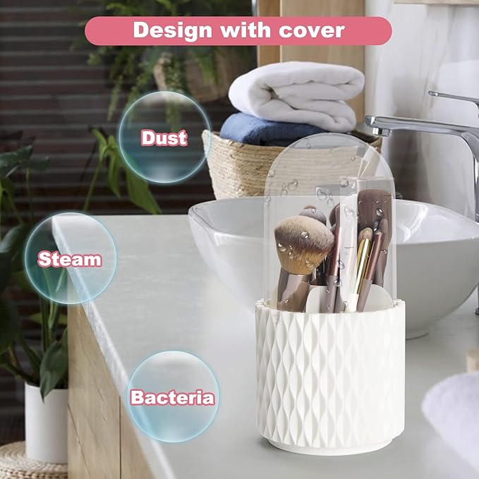 Makeup Brush Holder Organizer with Lid -360° Rotating Dustproof Make Up Brushes Container with Clear Acrylic Cover, Spinning Cosmetics Holders Storage Cup with 5 Compartment