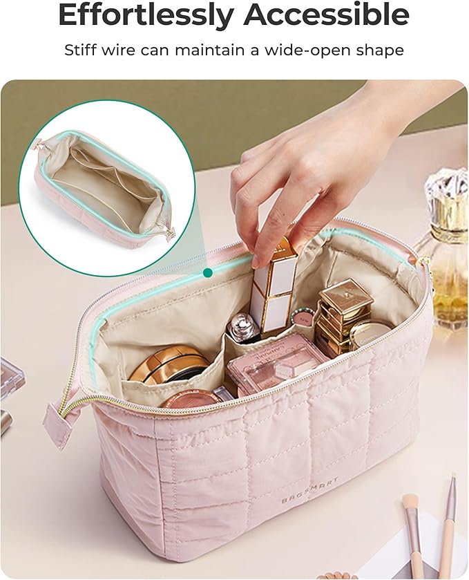 BAGSMART Makeup Bag Travel Toiletry Bag, Puffy Padded Make Up Bags for Women Makeup Organizer Case, Wide-open Pouch Purse Travel Essentials Toiletries Accessories Brushes, Strip Khaki Brown