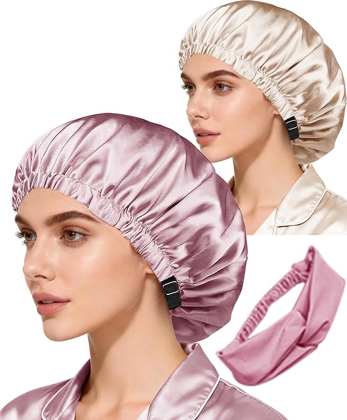 Hair Bonnets 3Pcs Satin Bonnet For Sleeping Silky Bonnets Womens Silk Bonnet Night Caps Curly Hair Sleep Cap For Women