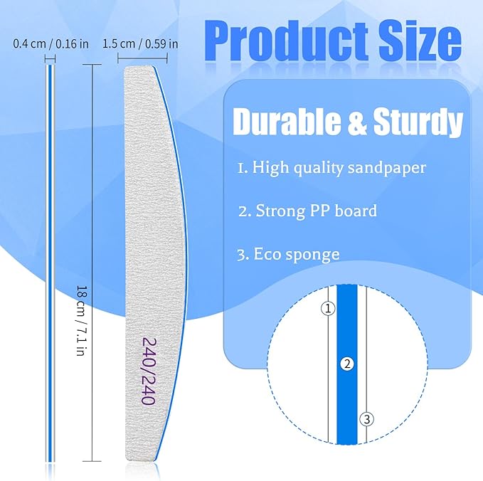 BLESWIN Nail Files 240/240 Grit, 25 Pcs Professional Double Sided Emery Board, Reusable Washable Coarse Tool for Acrylic & Gel Nails, Home Salon Application