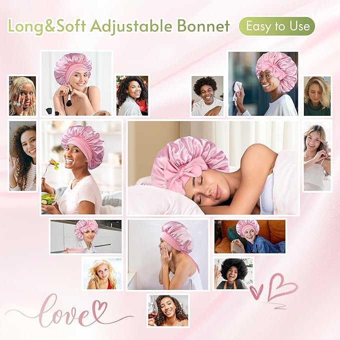 BONNET QUEEN Silk Bonnet for Sleeping Women Satin Bonnet Night Sleep Cap Wrap for Curly Hair with Adjustable Tie Band,Pink