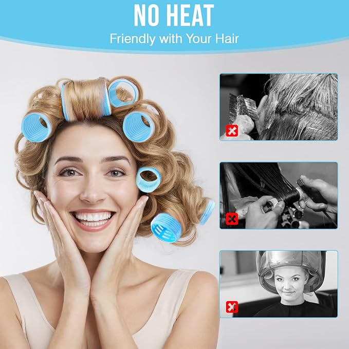 Heatless SelfGrip Hair Rollers Kit, 3 Sizes (0.79",1.18",1.57") for Short/Medium Hair | 36 Rollers +12 Clips +1 Comb | No Heat Curlers for Overnight Waves,Travel & Damage-Free Styling. (Blue, Medium)
