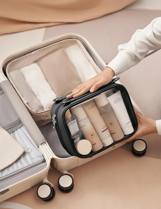 Clear Cosmetic Bag Double Layer Travel Toiletry Bag Clear Makeup Bag Case with 4 Compartments, Transparent Travel Bag for Toiletries, Large Toiletry Bag for Women Cosmetic Case (Black, Large)