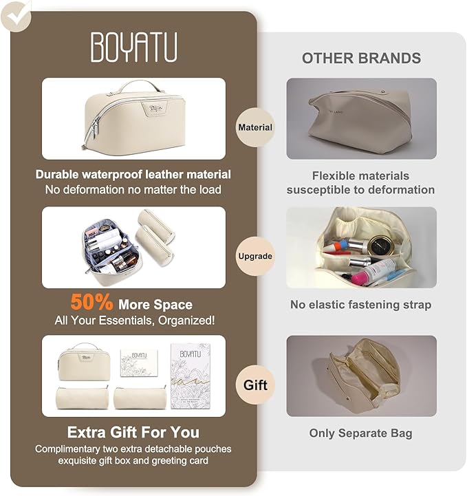 BOYATU Travel Makeup Bag Cosmetic Bags for Women: Large Capacity 3 Pcs Set Make up Bag with Compartments - Waterproof Vegan Leather Toiletry Organizer Bags with Handle (N-68Off-white)