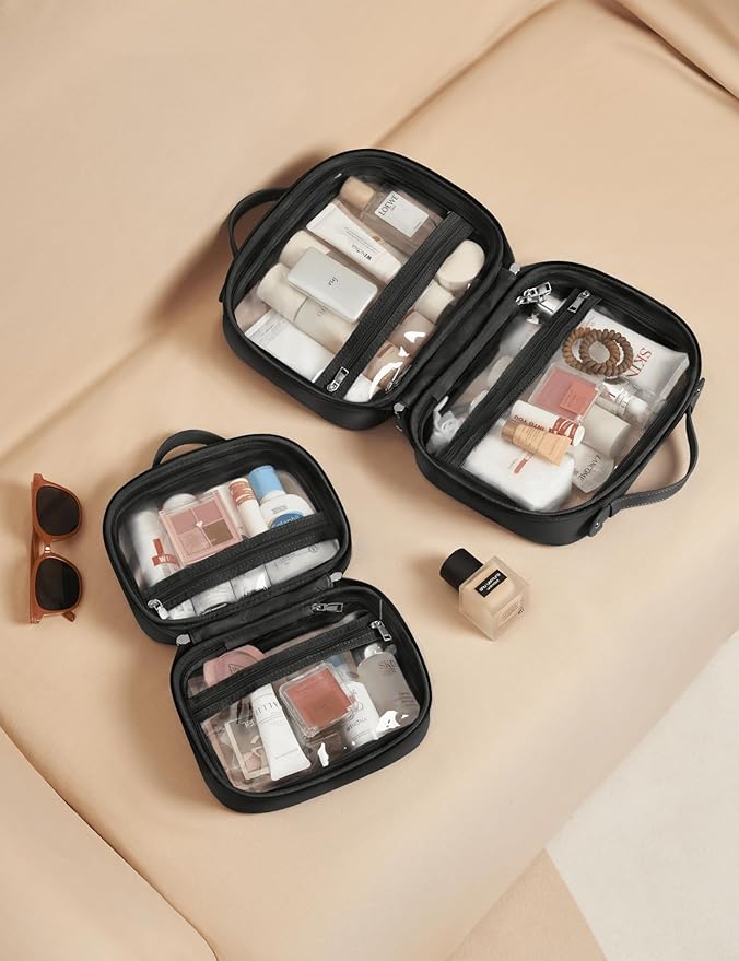 Clear Cosmetic Bag Double Layer Travel Toiletry Bag Clear Makeup Bag Case with 4 Compartments, Transparent Travel Bag for Toiletries, Large Toiletry Bag for Women Cosmetic Case (Black, Large)