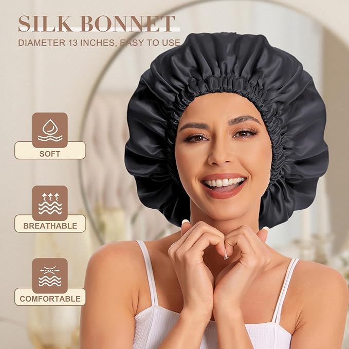 Satin Bonnet Silk Bonnet Hair Bonnet for Sleeping-Slouchy Beanie Hat Satin Sleep Cap for Women's Natural & Curly Hair(Blue Zircon&Black)
