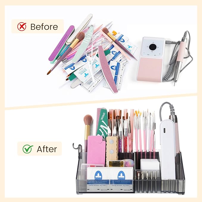 Acrylic Nail Drill Holder Stand- 13 Holes Nail Drill Bits Holder & 40 Holes Nail Pen Brushes Tools Organizer- Professional Nail Desk Organizer Case Storage Box for Manicure Tools