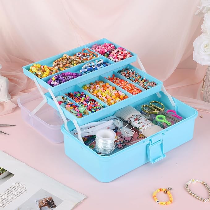 OUTUXED 12.5inch 3-Layer Multipurpose Craft Organizers, Portable Folding Toolbox, Plastic Tool Box with Handle for Sewing Supplies, Medicine, Art Supplies, Nails and Hair Accessories(Blue)